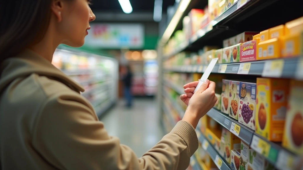 Person vergleicht Preisschilder verschiedener Produkte im Supermarkt-Regal