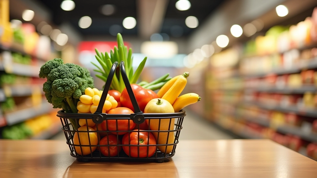 Einkaufskorb mit frischen Lebensmitteln auf Holztisch im Supermarkt