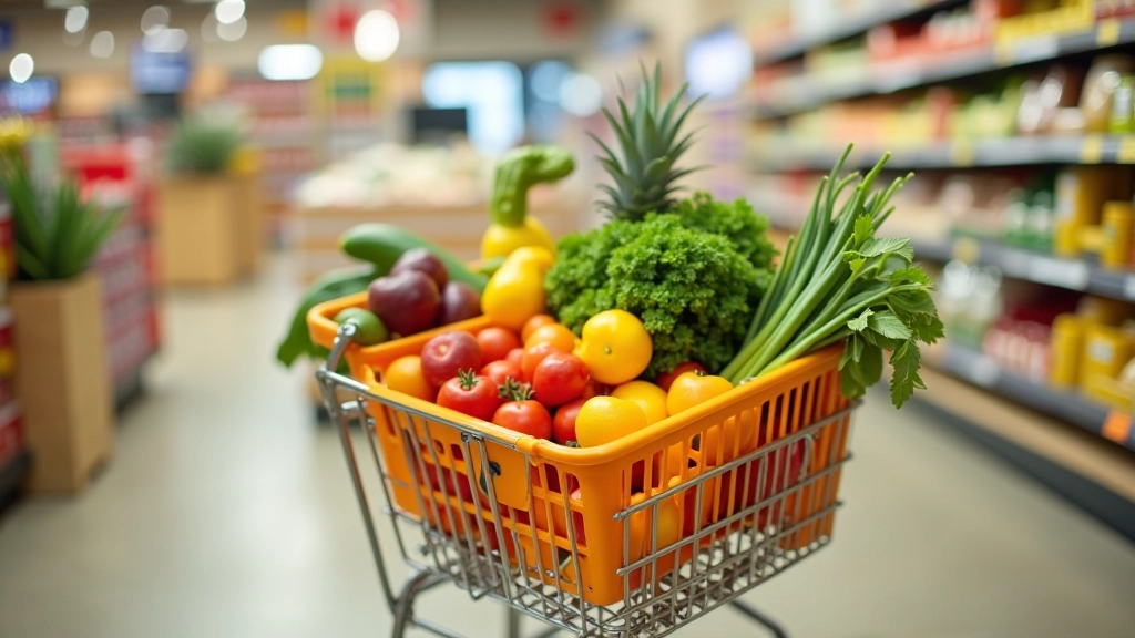 Einkaufskorb mit verschiedenen Lebensmitteln im modernen Supermarkt